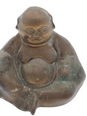 Vintage Mid Century Brass Seated Buddha Laughing Figurine  4.5 in tall